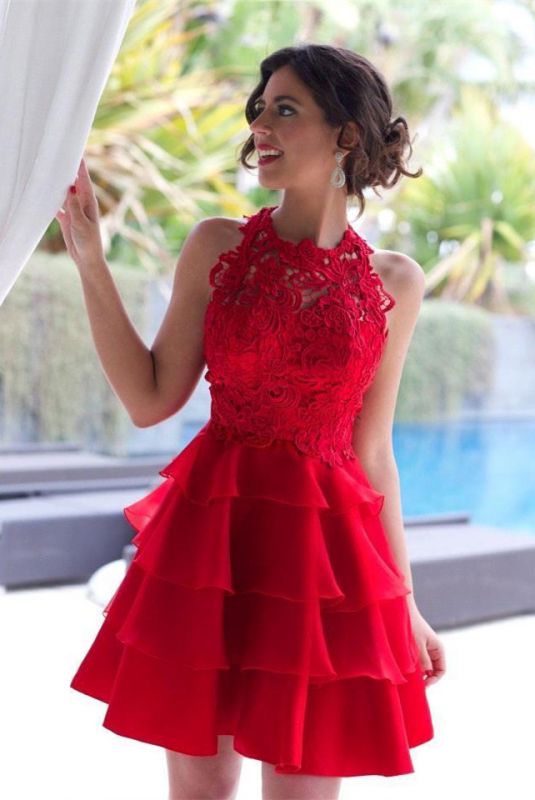 Sexy Red Lace Sleeveless Homecoming DressShort Layers Cocktail Gowns