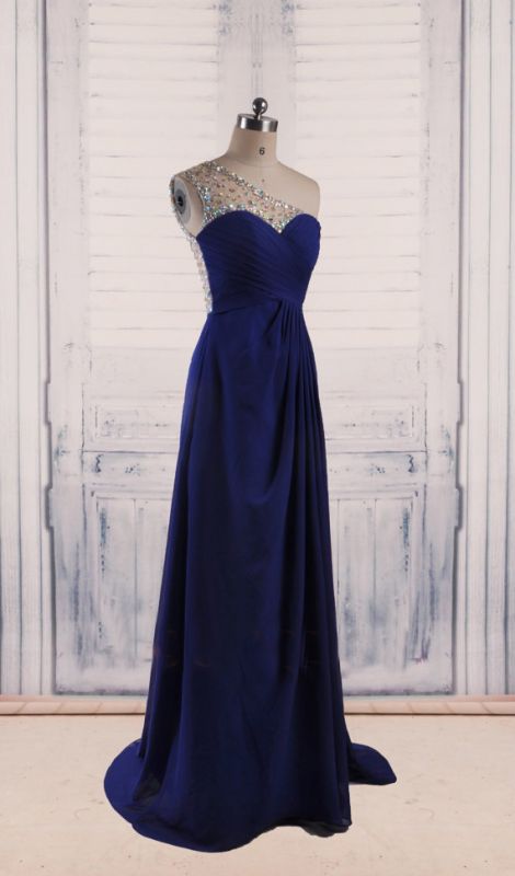A-Line One Shoulder Royal Blue Evening DressesChiffon Sweep Train Prom Gowns with Beadings
