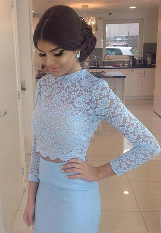 Modern Lace Long Sleeve Two Piece Mermaid Zipper Prom Dress