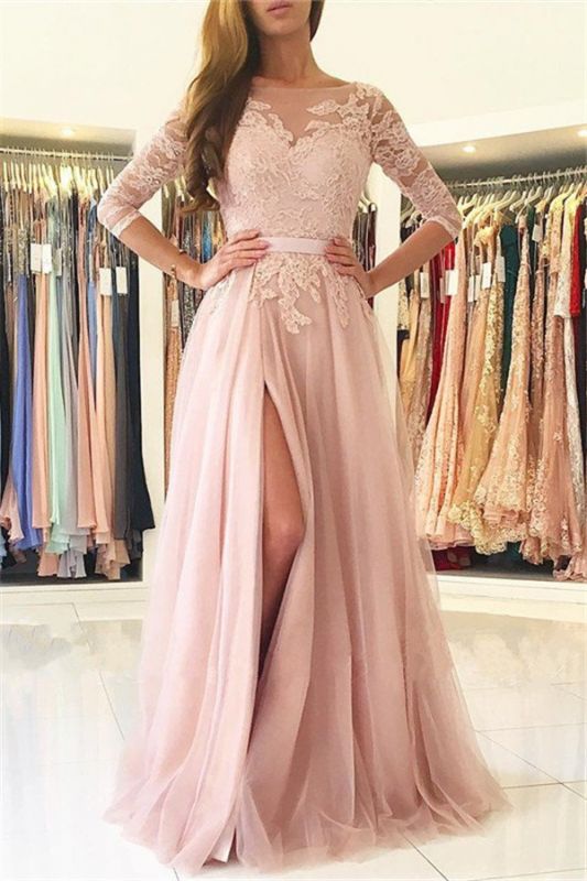 Elegant Split Half-Sleeve Lace Long Evening Dress