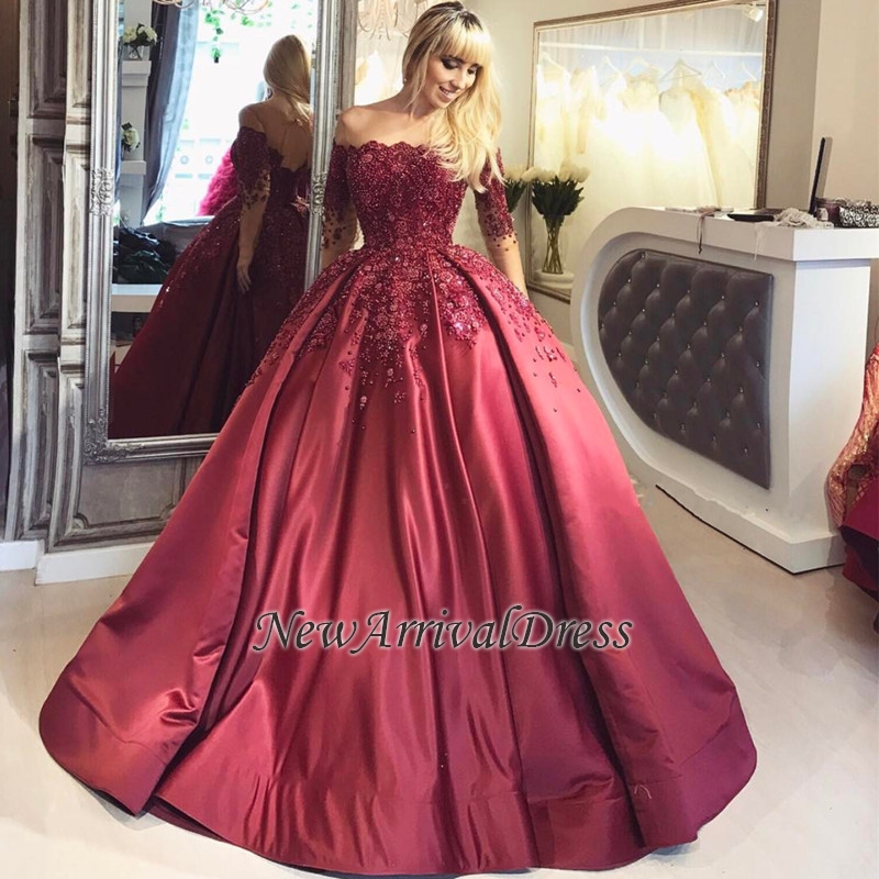 Appliques Long-Sleeves Burgundy Crystal Ball Off-the-Shoulder Prom Dresses