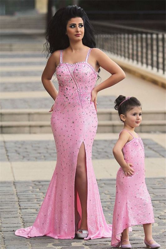 Spaghetti-Straps Sexy Open-Back Sequined Crystal Mermaid Pink Prom Dress