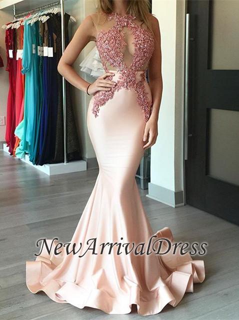 Sleeveless Gorgeous Pink Appliques Mermaid Evening Dress BA4068