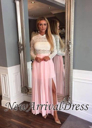 Zipper Split Elegant High-Neck Lace A-line Long-Sleeve Chiffon Prom Dress