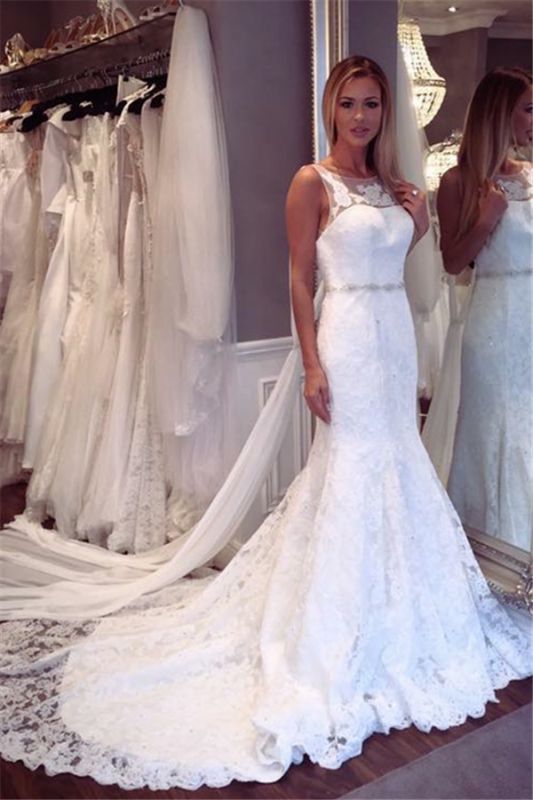 Elegant Lace Mermaid Sleeveless Wedding Dresses | Open Back Crystall Bridal Dresses