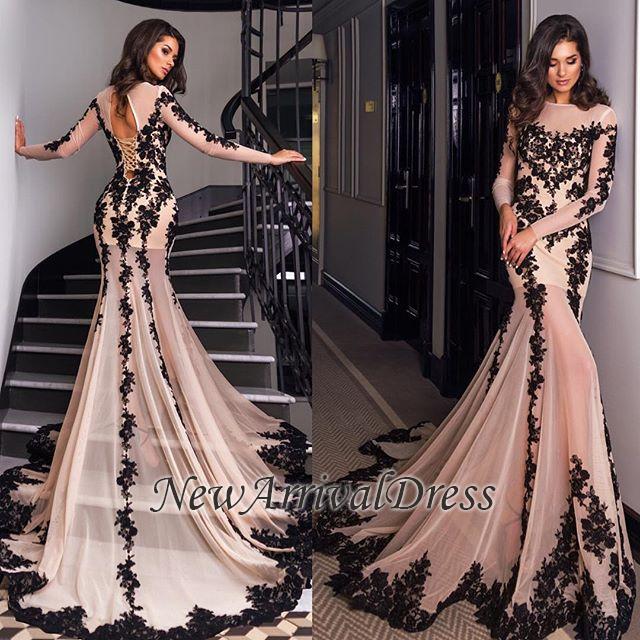 Nude Sheer Sexy Long-Sleeves Black Mermaid Lace-Appliques Evening Gowns