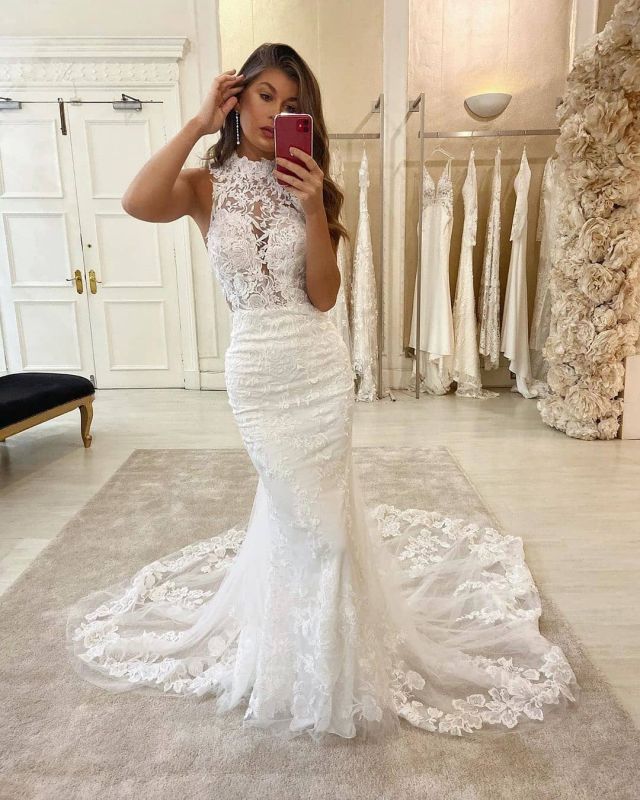 Lace Halter Appliques Mermaid Wedding Dresses | Glamorous Sleeveless Bridal Dresses Online
