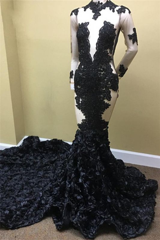 Sheer Tulle Black Long Prom Dresses  | Long Sleeve Evening Dress with Floral Train