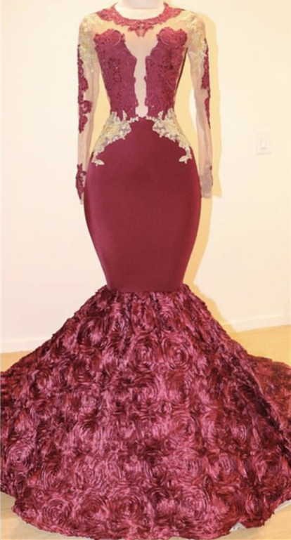 Open Back Gold Lace Burgundy Long Prom Dresses   Plus Size | Mermaid Long Sleeve Formal Dresses for Juniors