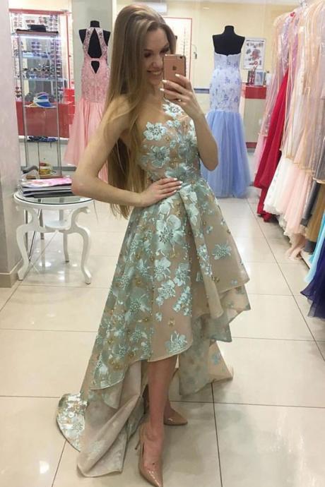 Newest Hi-Lo A-line Sweep Train Flowers Sleeveless Prom Dress