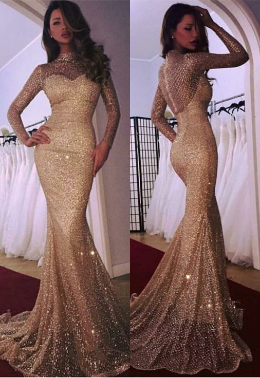 Glamoroso vestido de noche de manga larga | Vestido de fiesta de sirena 2021 con lentejuelas