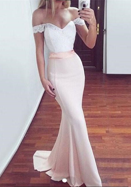 Newest Off-the-shoulder Lace Mermaid Sweep Train Prom Dress