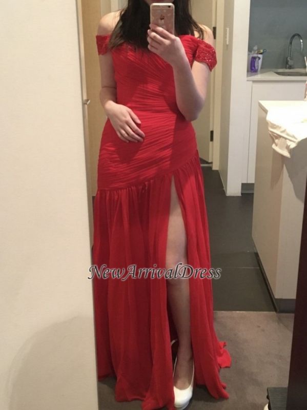 Red Chiffon Off-The-Shoulder Side-Slit Prom Dress