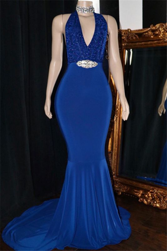 2021 lentejuelas azules con cuello en v vestidos de baile | Elegante vestido de noche sin espalda de cristal