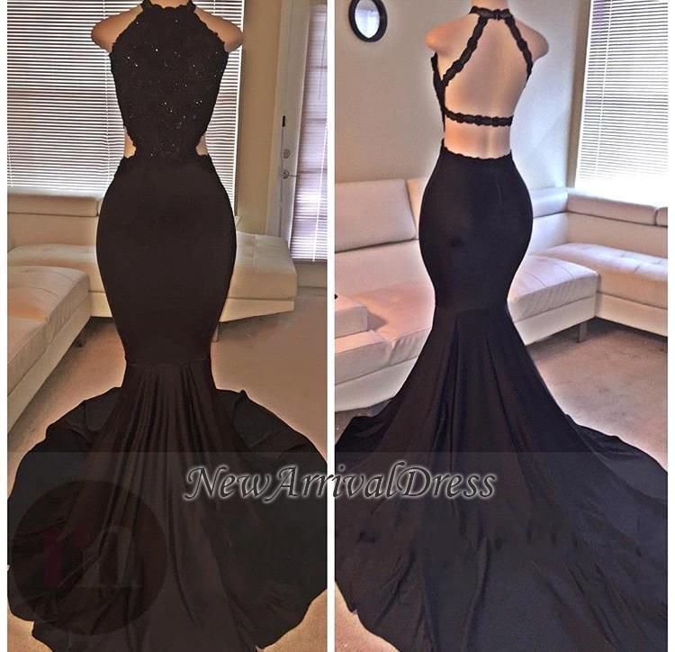 Open Back Long Sleeveless Mermaid Black Lace Long Prom Dresses  ba2666