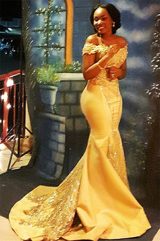 Off The Shoulder Yellow Sparkling Prom Dresses | Mermaid Beads Sequins Formal Gowns Cheap 	FB0335