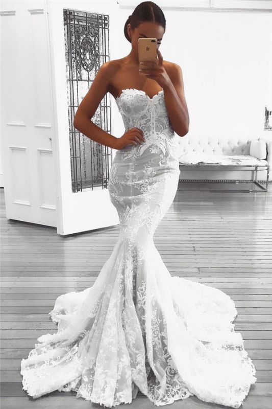 Mermaid Wedding Dresses with Court Train | Strapless Lace Sexy   Bridal Gowns