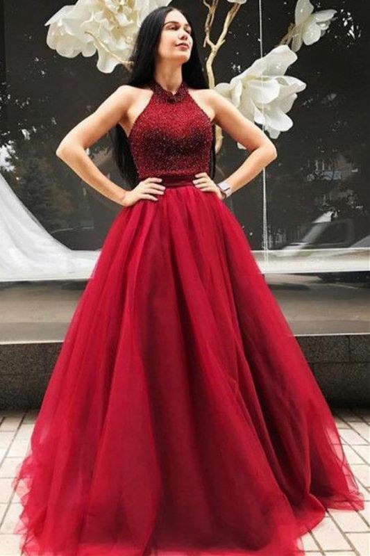 Modern A-line Floor-Length Halter Sleeveless Tulle Red Beadings Evening Dress