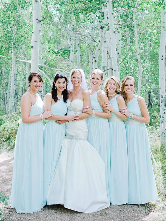 Moda verde menta de un solo hombro gasa vestidos largos de dama de honor para banquete de boda