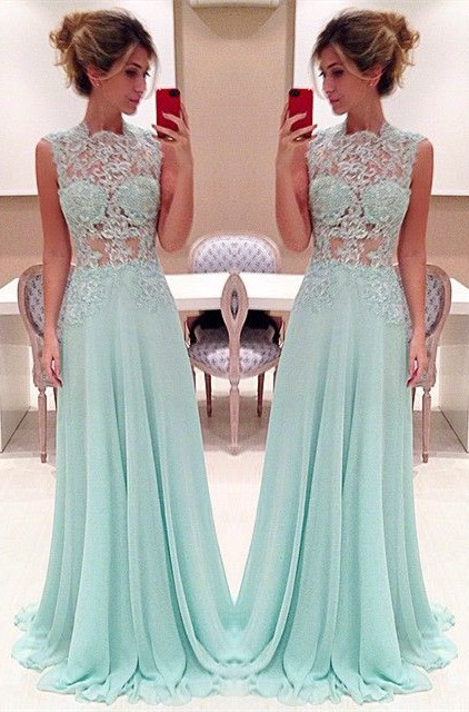 Neueste Chiffon-Spitze Jewel A-Linie ärmelloses Abendkleid