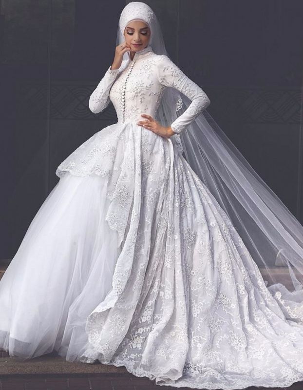 Elegant High Neck Wedding Dresses Cheap Online| Lace Long Sleeve Muslim Bridal Gowns