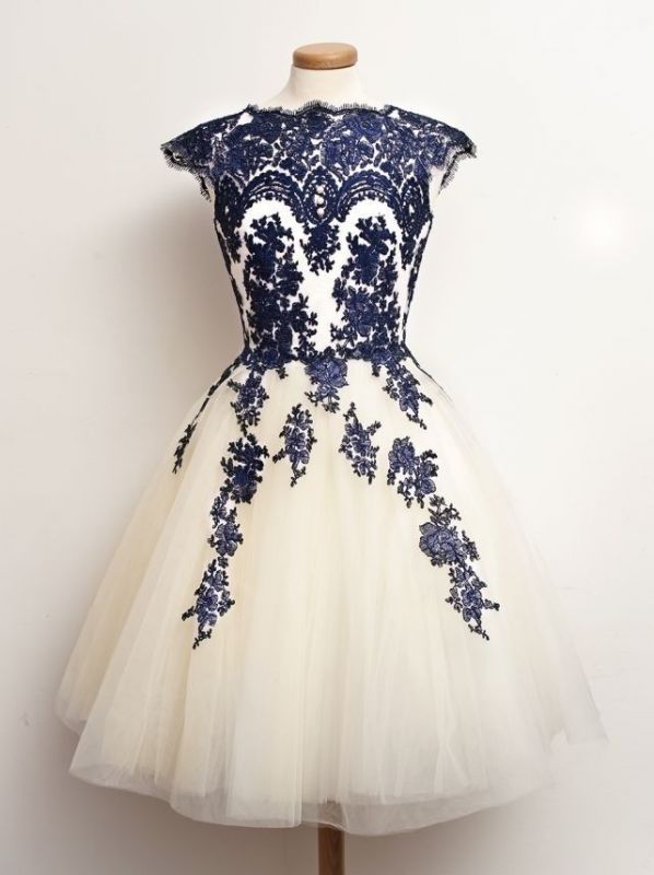 Navy Blue Lace Tulle Short Homecoming Dresses Capped Sleeves Vintage Prom Dresses