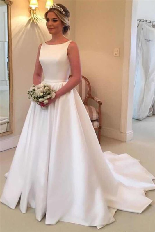 Vestidos de novia elegantes de satén | Vestido de novia real sin mangas con espalda abierta