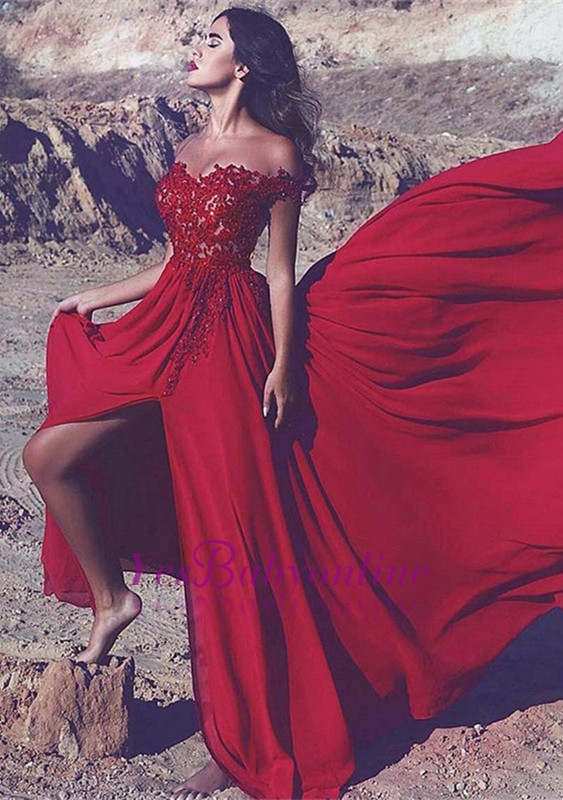 Appliques Red Split Long Lace Off-the-Shoulder Prom Dress