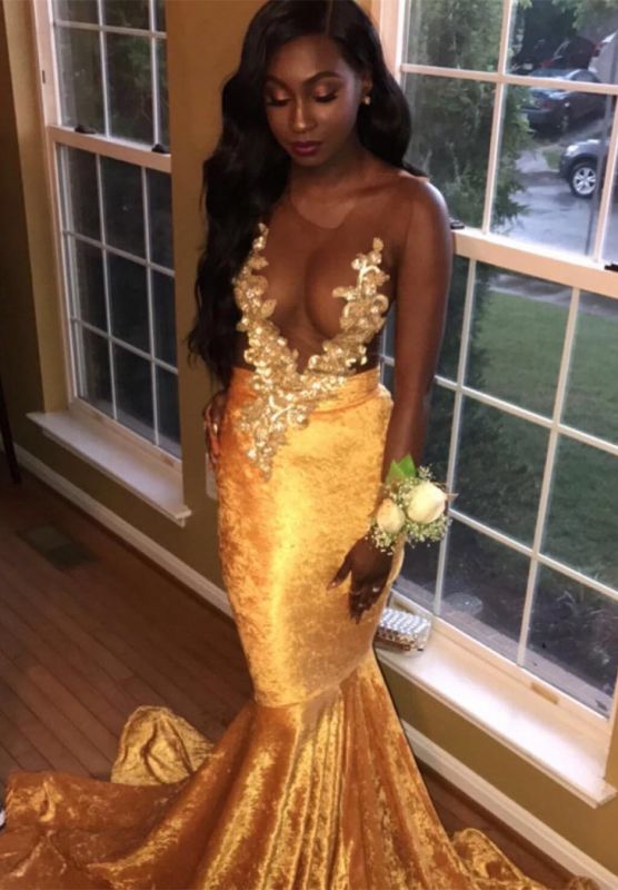 Vestido de fiesta con apliques de encaje de sirena dorada sin mangas de joya sexy