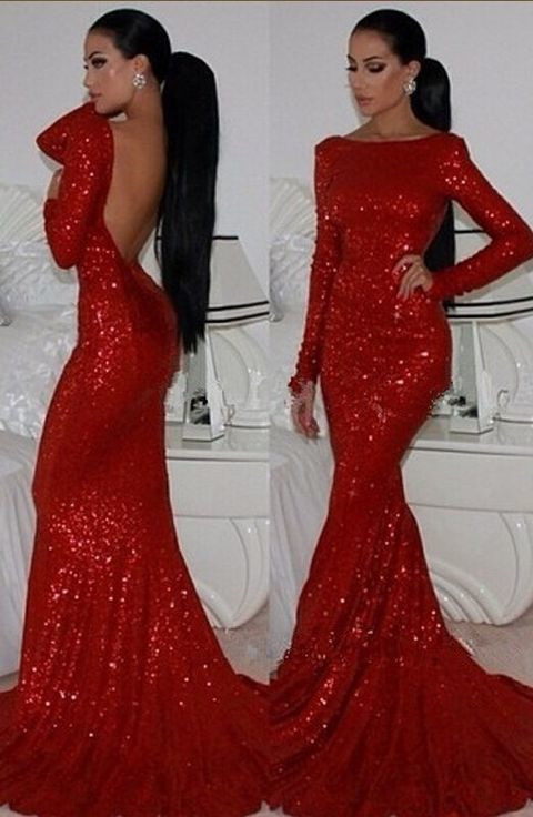 New Fashion Long Prom Dresses  Sparkly High Neck Sequined Mermaid Red Long Sleeve Formal Evening Gown