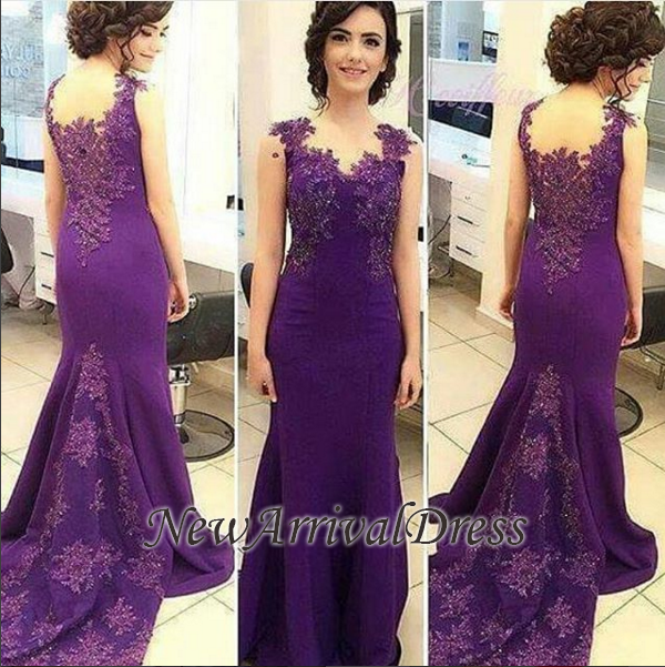 Sleeveless Lace-Appliques Long Purple Mermaid Evening Gowns