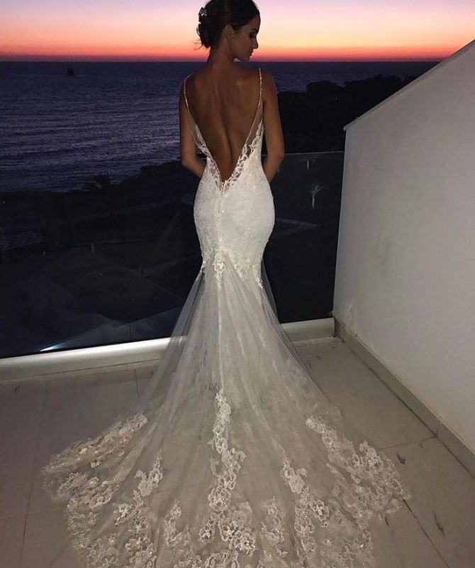 Charming Lace Strap Back Mermaid Beach Wedding Dress - Xdressy