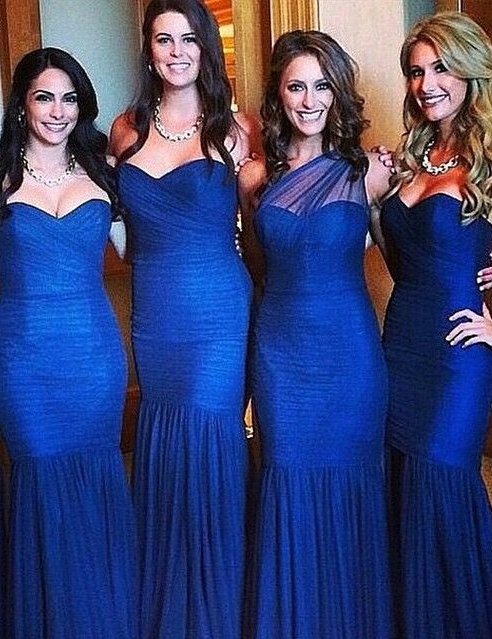 Royal Blue Tulle Mermaid Bridesmaid Dresses Ruched One Shoulder Maid of Honor Dresses