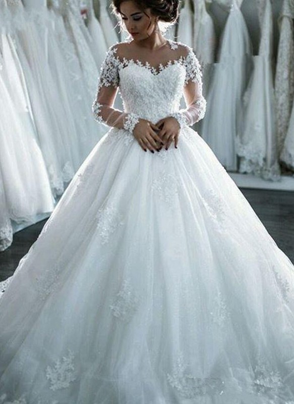 Beaded See Through Long Sleeve Ball Gown Wedding Dress