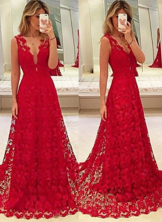 Sexy Red Lace V-Neck Prom DressTulle BA3843