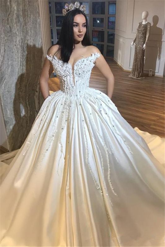 Luxury Off The Shoulder Royal Wedding Dresses Sexy | Beads Appliques Puffy Satin Wedding Dress