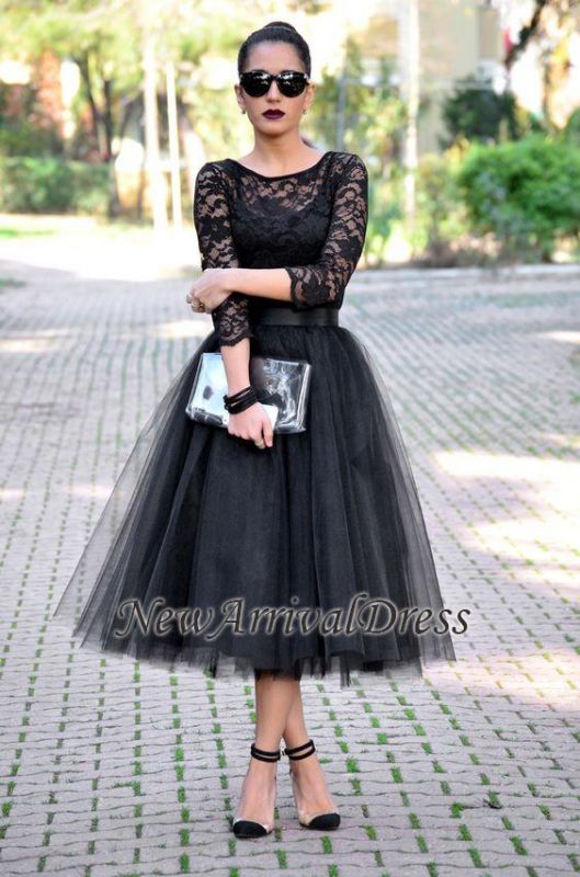 Tea-Length Tulle Popular Black A-Line Lace Evening Gowns