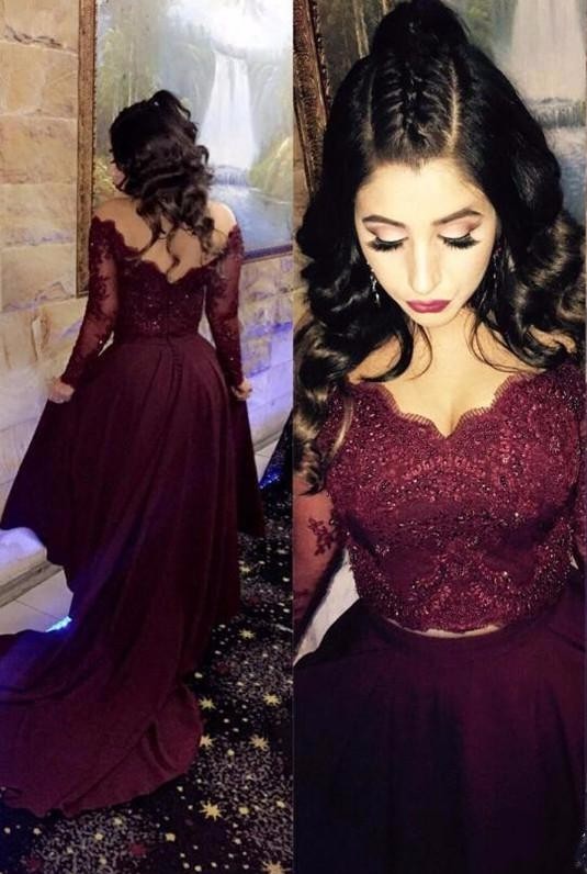 A-line Newest Hi-lo Beads Lace-Appliques Long-Sleeve Prom Dress SP0308