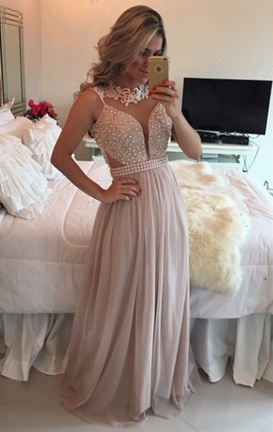 Pearl Pink Chiffon Long Prom Dresses Lace Pearls Illusion A-line Formal Evening Gowns bt00