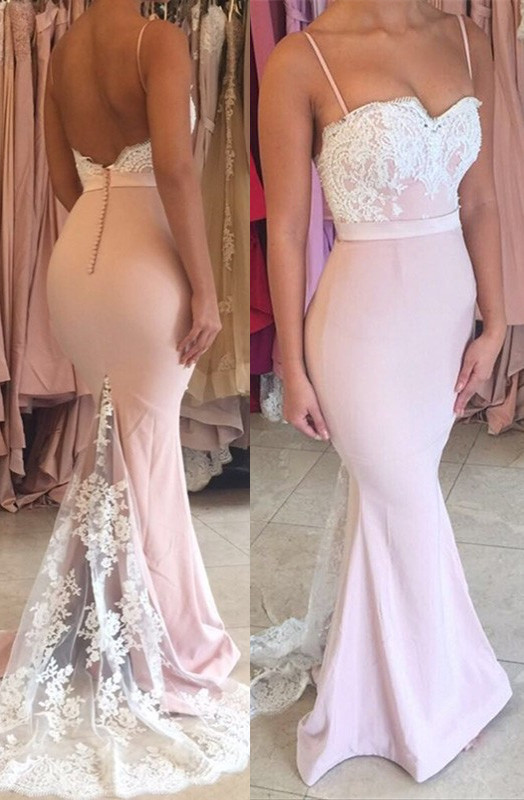 Modern Lace Mermaid Spaghetti Strap Sweep Train Prom Dress