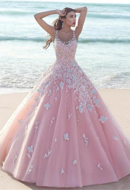 Elegant Pink Prom Dress |Lace Appliques Sleeveless Evening Gowns