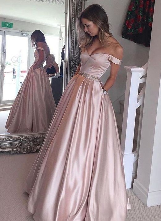 Beading Puffy Pearl-Pink Off-the-Shoulder Pockets Prom Dresses BA5008