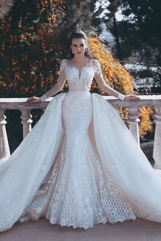 Long Sleeve Wedding Dresses with Lace Appliques | Sheer Tulle Open Back Bridal Gowns with Cathedral Train