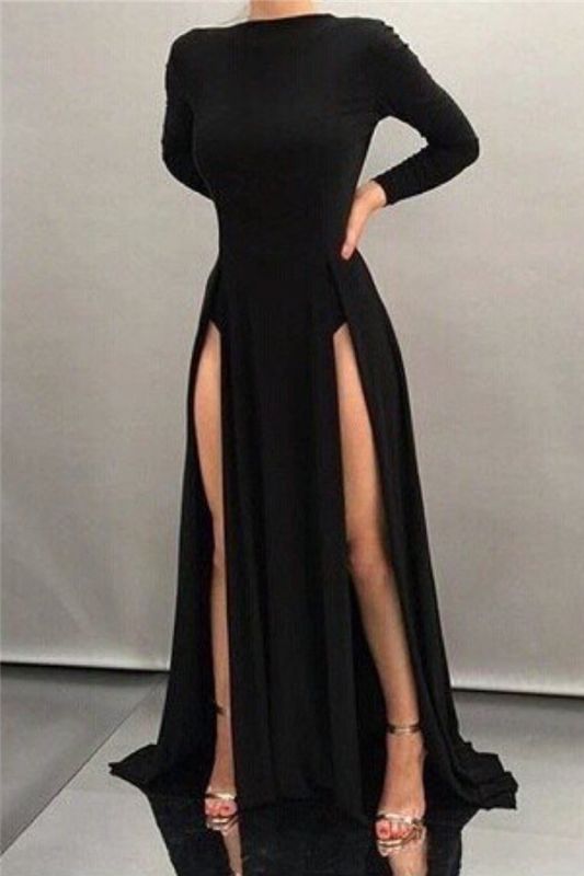 Sleeves Long Black Front-splits Sheath Sexy High-neck Evening Dresses BA4319