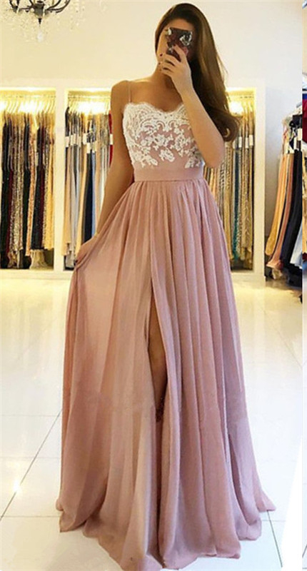 Spaghetti-Straps  Slit Prom Dresses | Sweetheart  Lace Evening Gowns