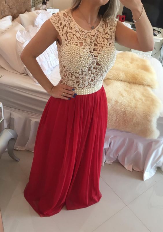 Gorgeous Red Pearls Lace Prom DressesLong Chiffon BT0