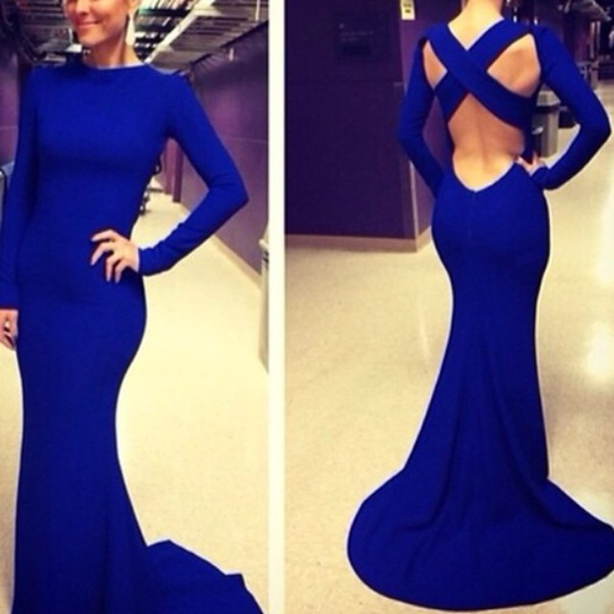 Neue Ankunft High Neck Langarm Criss Cross Backless Royal Blue Abendkleid Sexy Meerjungfrau Ballkleider