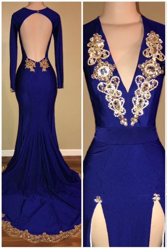 Royal Blue Long Sleeve Prom Dresses |Gold Beads Mermaid Evening Dress ...