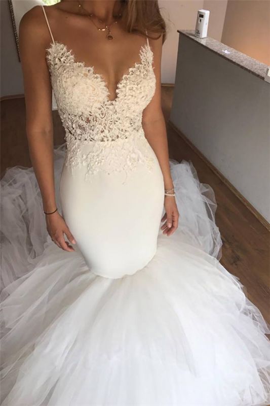 Mermaid Lace Wedding Dresses  | V-neck Straps Open Back  Bridal Dresses with Tulle Train