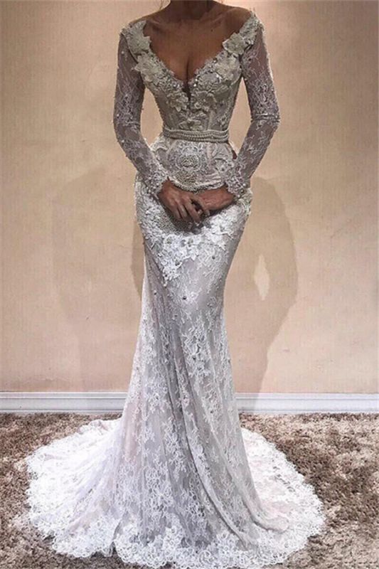 Lace Mermaid Long Sleeve Wedding Dresses | Sexy Open Back Long Evening Dresses with Pearl Chains